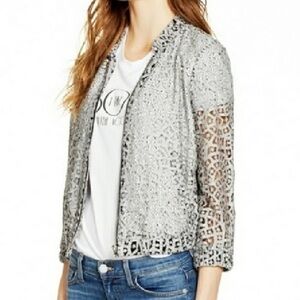 Rebecca Minkoff Royce Lace Bomber Jacket M Full Zip crochet lace layered